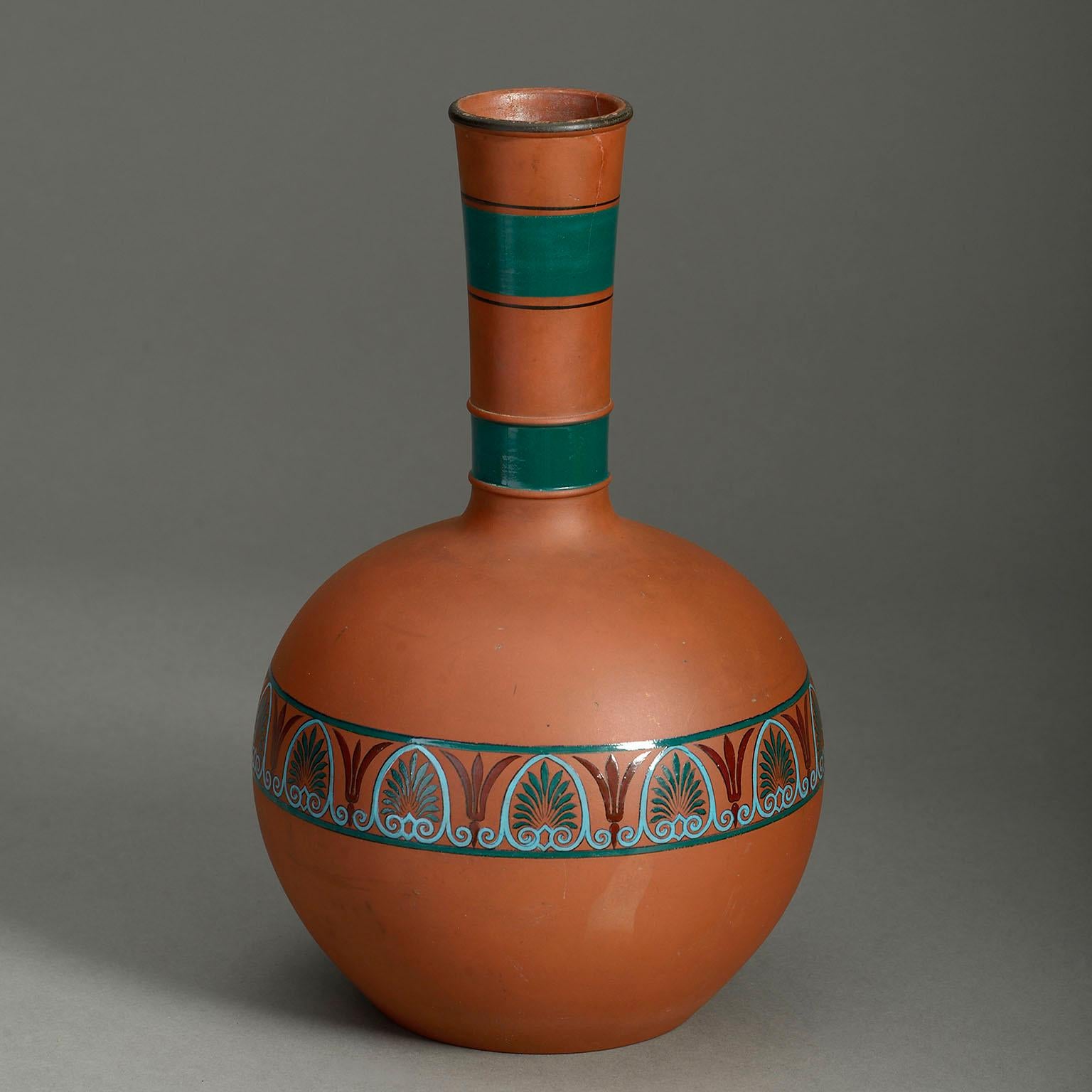 A late nineteenth century terracotta bottle vase in the classical taste, the tapering neck with double green band decoration, the bulbous body with polychrome anthemion frieze.