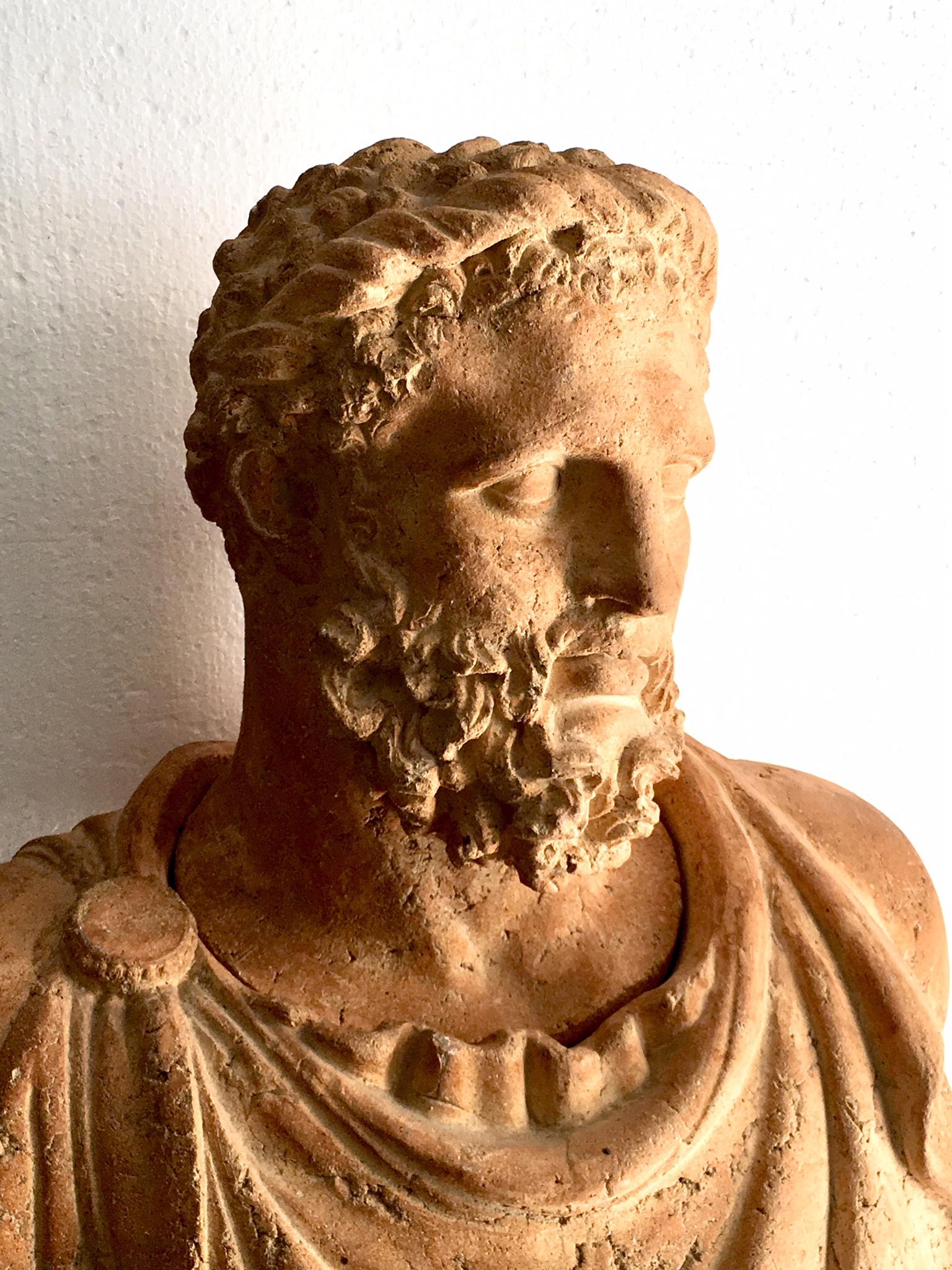 20th century Italian carved and sculpted terracotta bust of emperor, marble base.