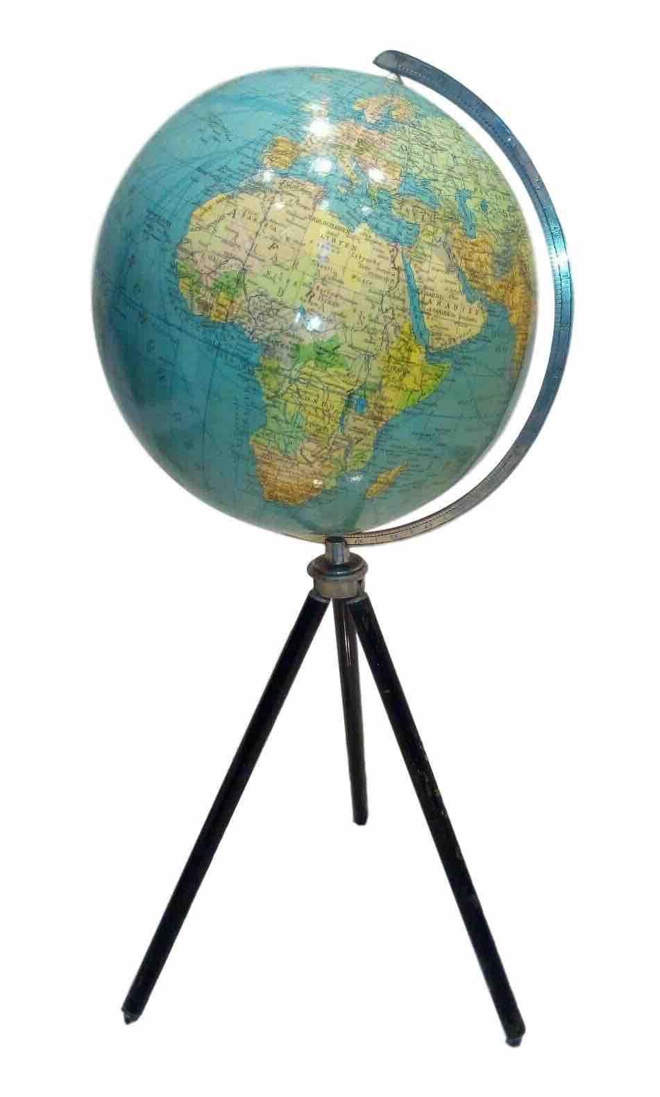 Vintage nice 20th century globe. Made by German manufacturer Oestergaard, Berlin, Germany. It's made of lithographed paper globe with a solid metal base, aluminum knob, mounted on a tripod metal extendible base. Nice addition to any man cave, living