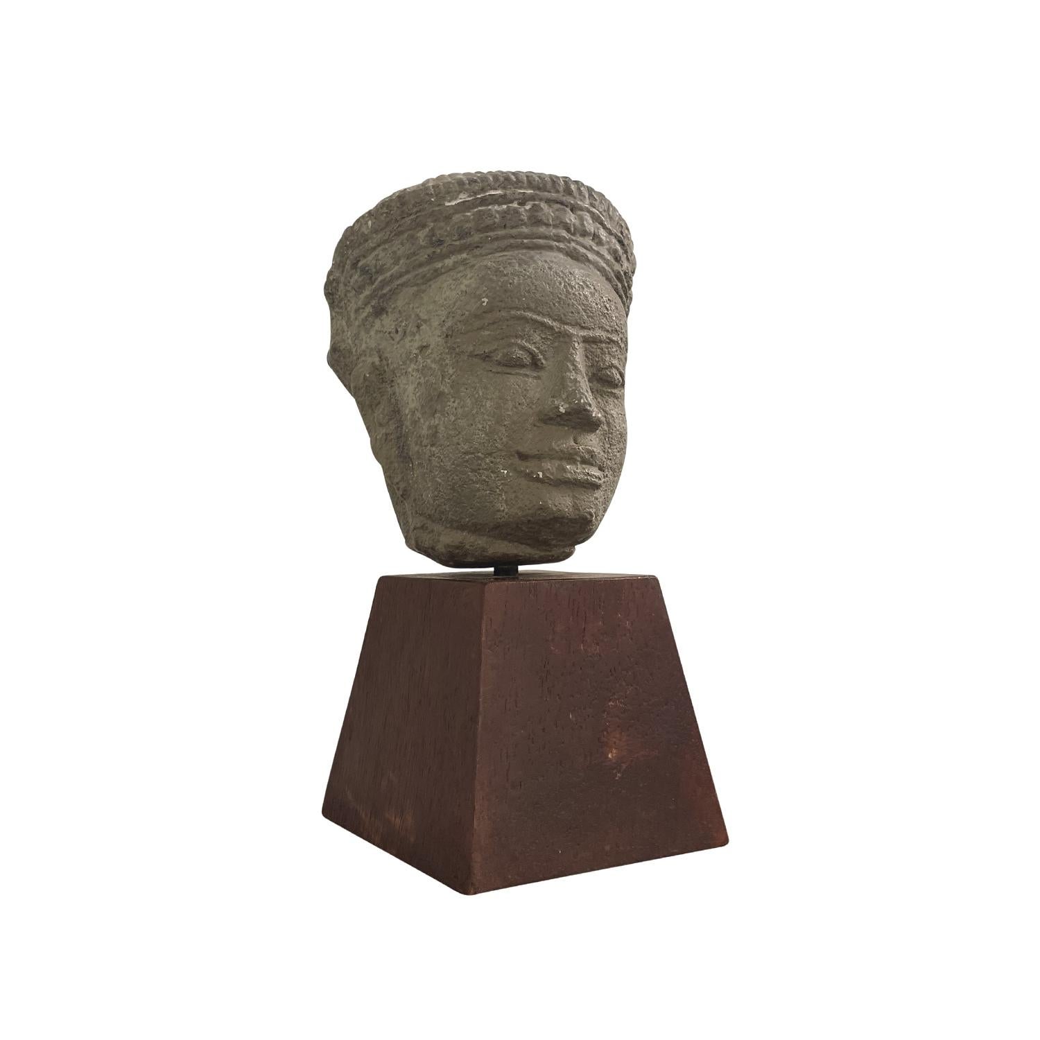 Hand-Carved 20th Century Thai Metal, Walnut Buddha Head, Vintage Décor For Sale