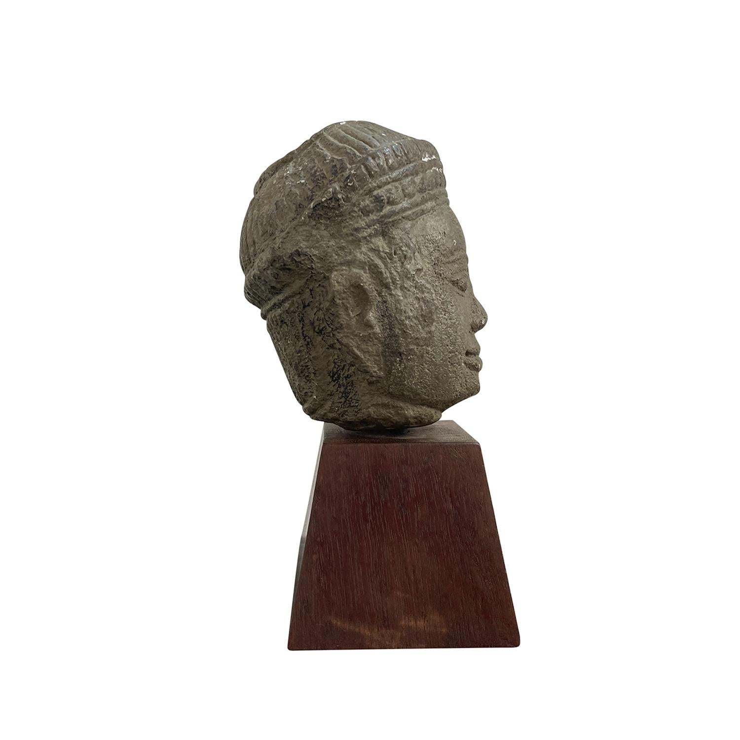 20th Century Thai Metal, Walnut Buddha Head, Vintage Décor For Sale 1