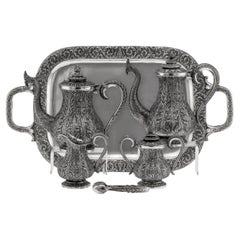 20th Century Thai Solid Silver Four Piece Tea Set On Tray c.1950