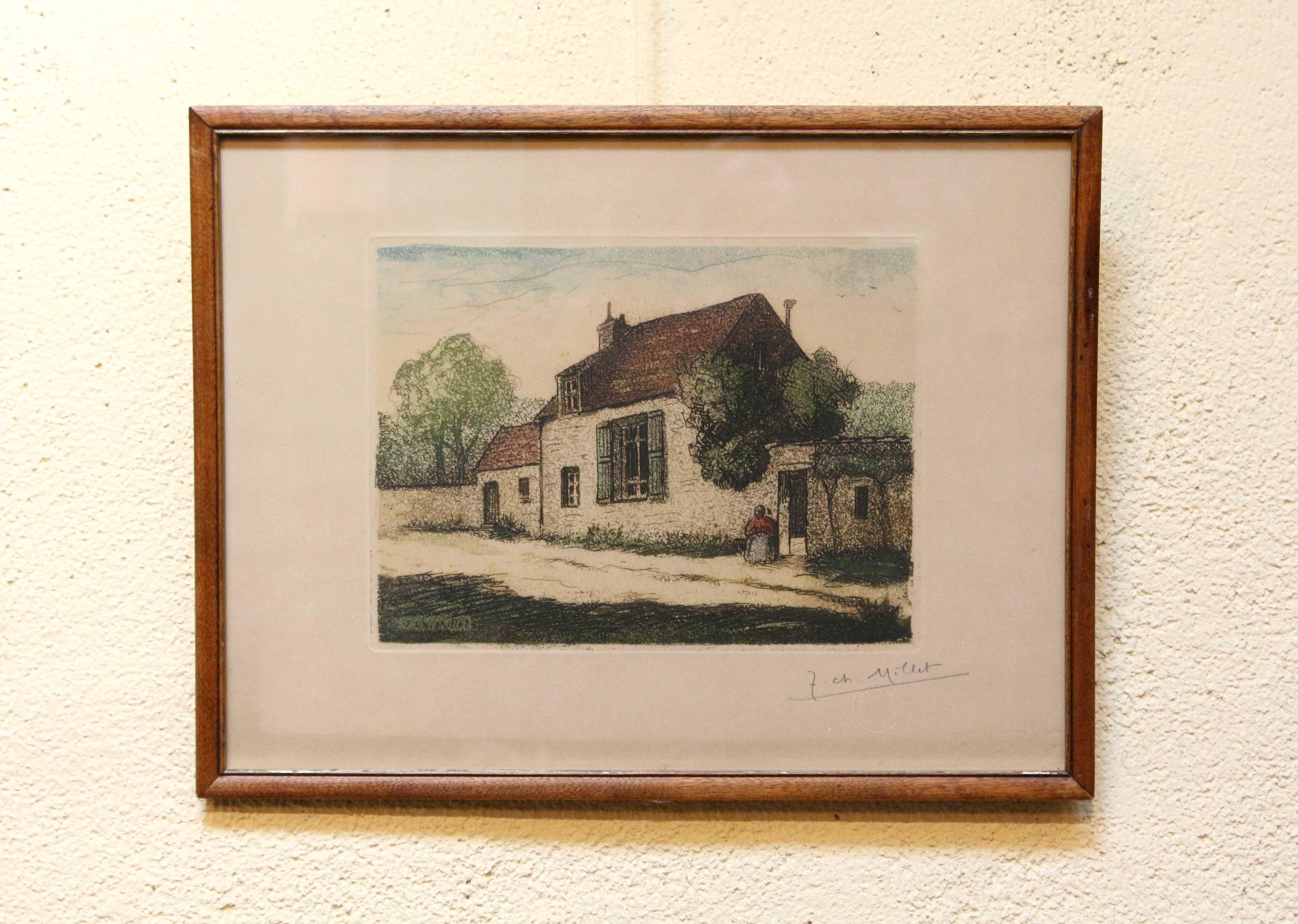 The Millet Family Home etching by Jean-Charles Millet, 2nd quarter 20th century, French. Jean-Charles Millet (French 1892-1944). Pencil signature lower right, signed in plate lower left, studio blind stamp lower right (J.F. Millet Atelier - his
