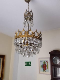 20th Century Three-Flame Cut Glass Chandelier Bronzed Gilded Crowned