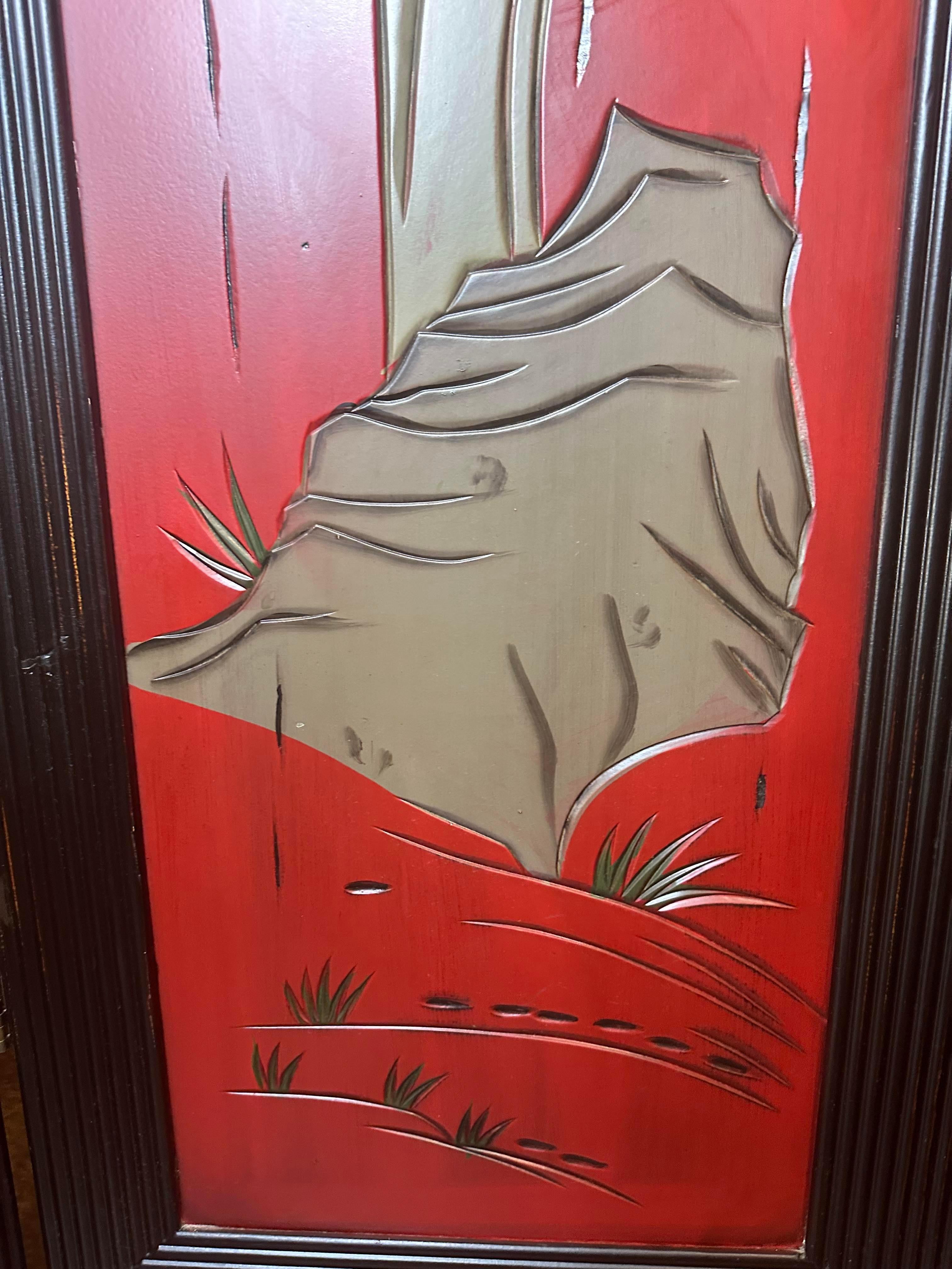 20th Century Three-Panel Asian Screen in Red with Palm Leaf Accent For Sale 2