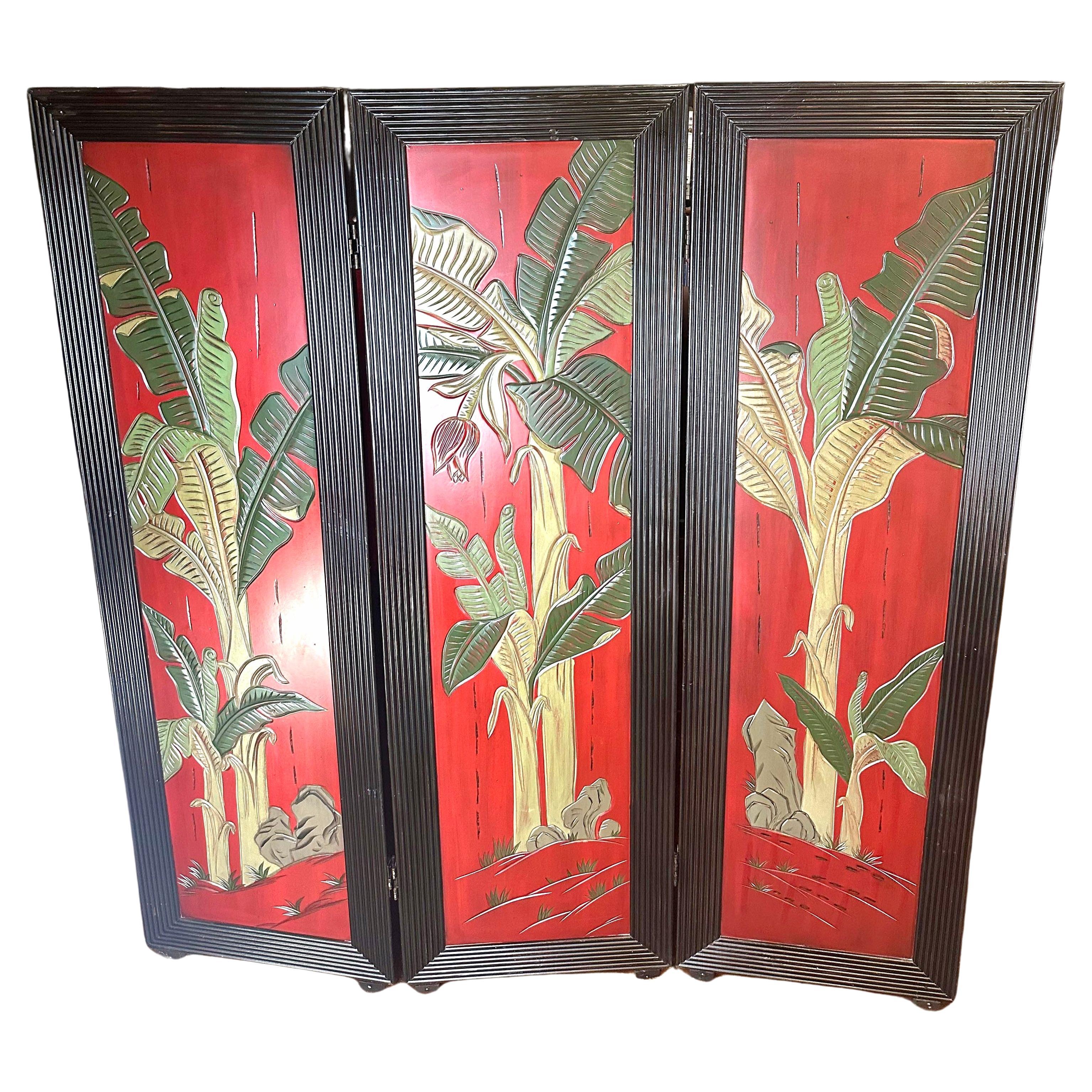 20th Century Three-Panel Asian Screen in Red with Palm Leaf Accent For Sale