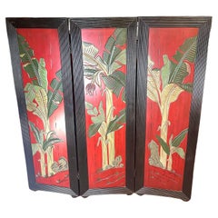 20th Century Three-Panel Asian Screen in Red with Palm Leaf Accent