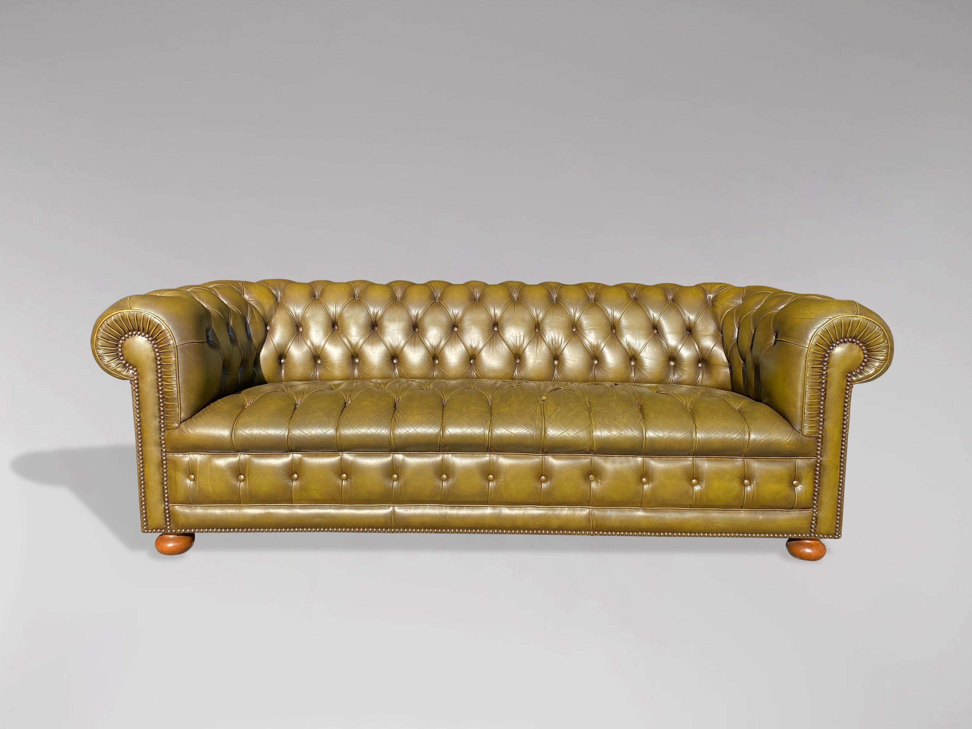 20th Century Three Piece Green Leather Chesterfield Suite For Sale at