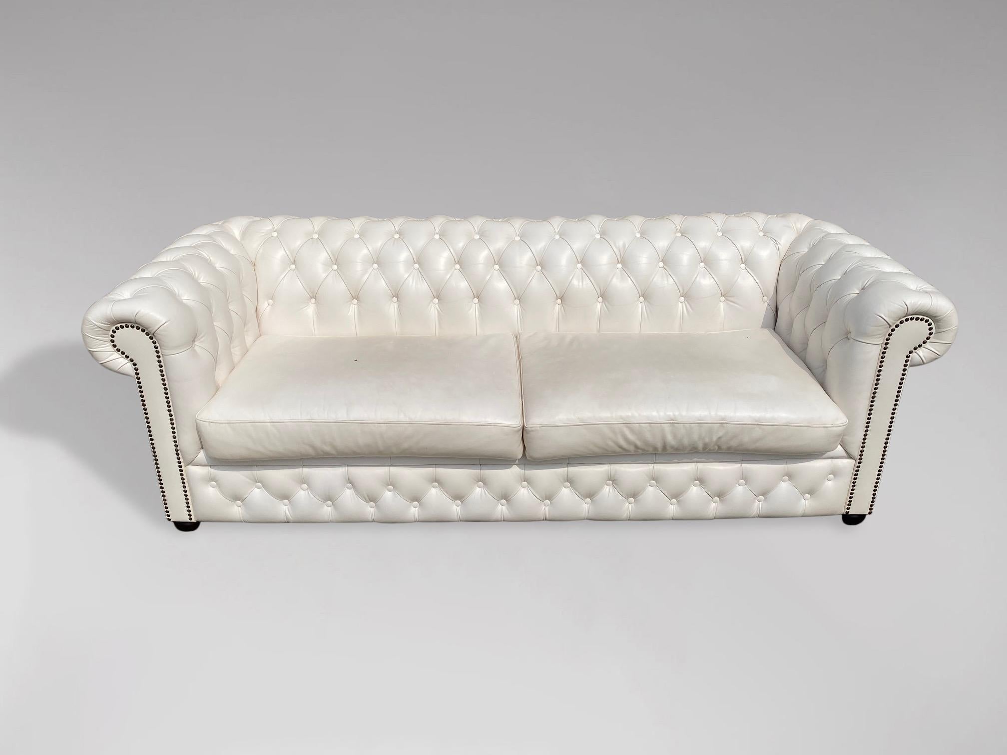 British 20th Century Three Seater White Leather Chesterfield Sofa For Sale