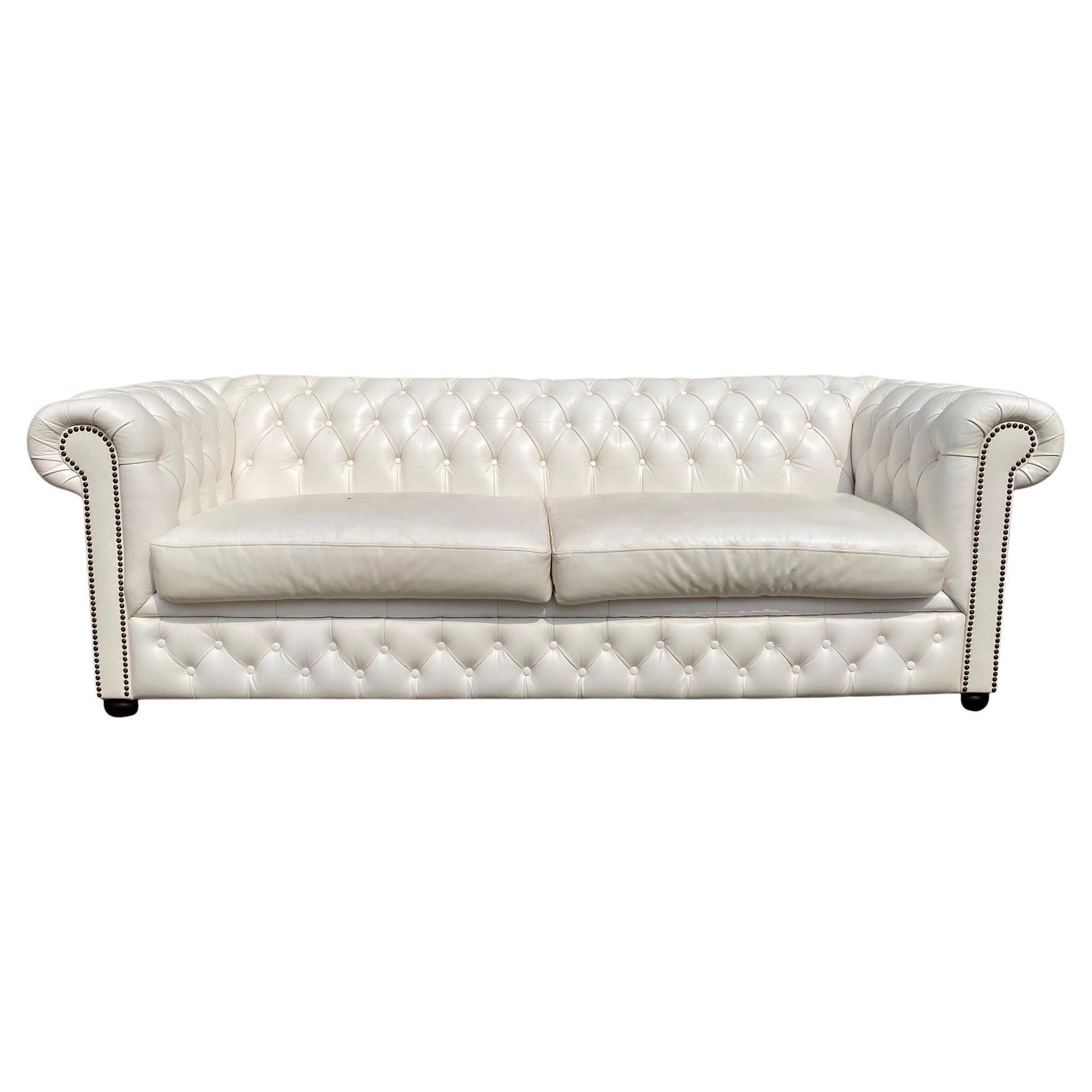 20th Century Three Seater White Leather Chesterfield Sofa For Sale