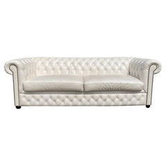 Vintage 20th Century Three Seater White Leather Chesterfield Sofa