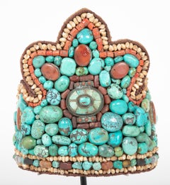 20th Century Tibetan Ceremonial Crown - Like Headdress on Custom Stand