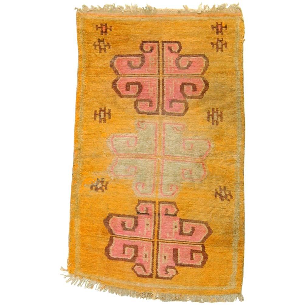 20th Century Tibetan Hand-Knotted Wool Rug Pink Lotus Flower and Orange