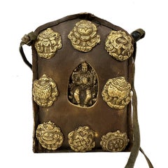 20th Century Tibetan Leather, Brass Ghau Prayer Bag