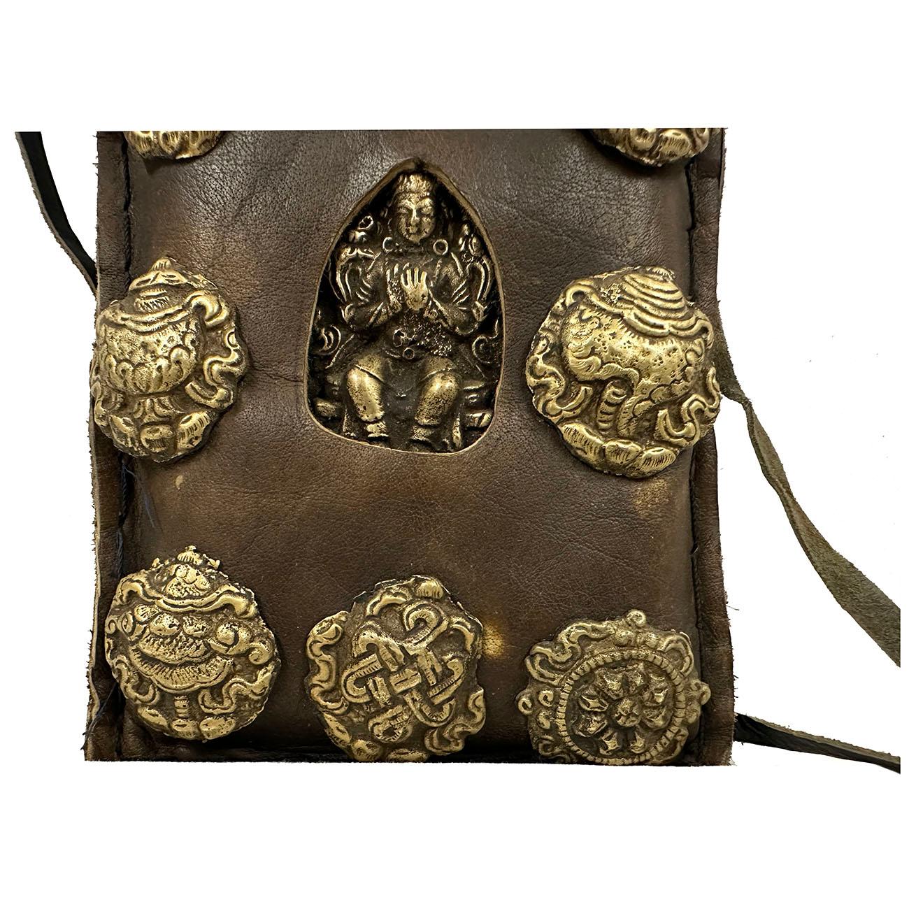 Chinese Export 20th Century Tibetan Leather, Brass Ghau Prayer Bag For Sale