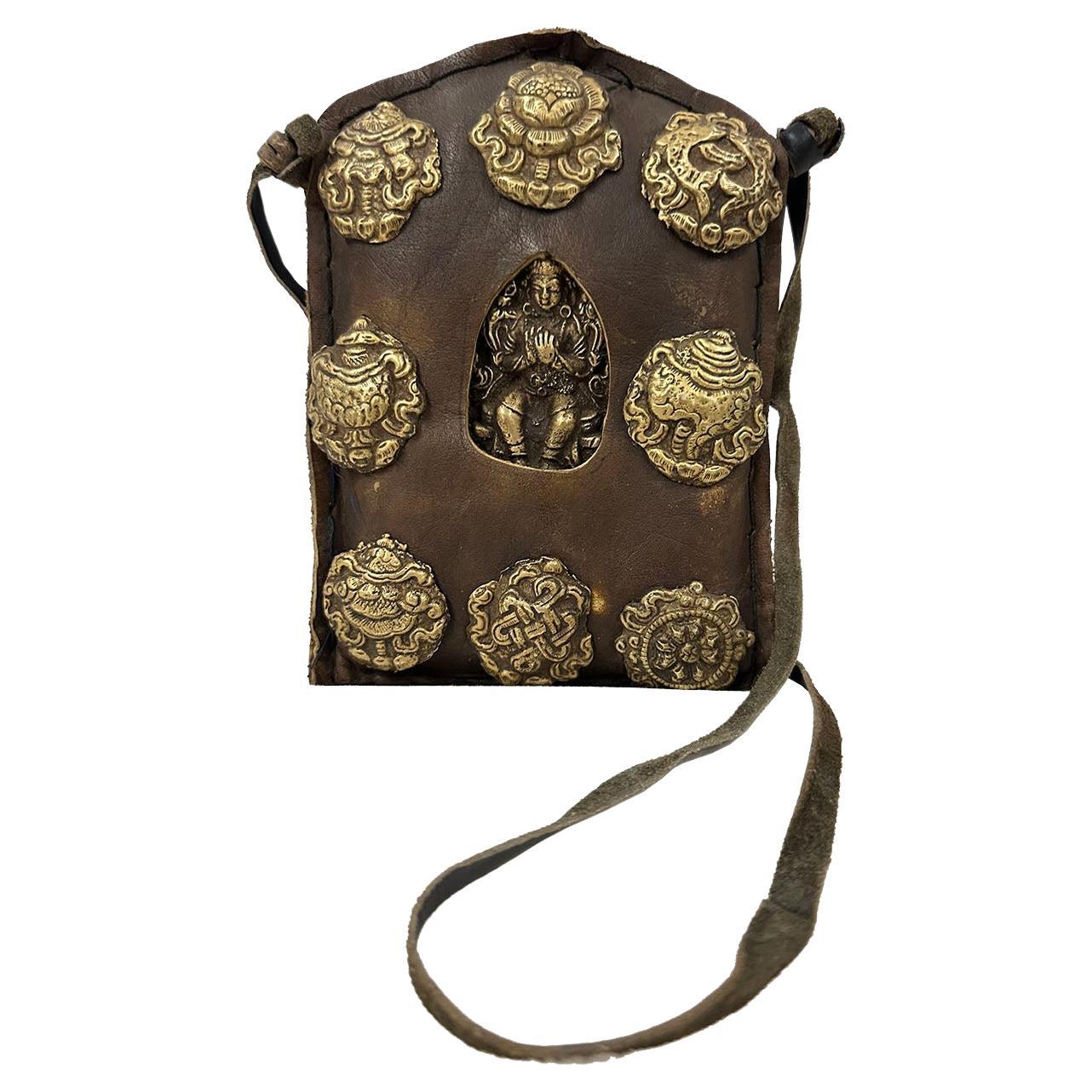 20th Century Tibetan Leather, Brass Ghau Prayer Bag For Sale