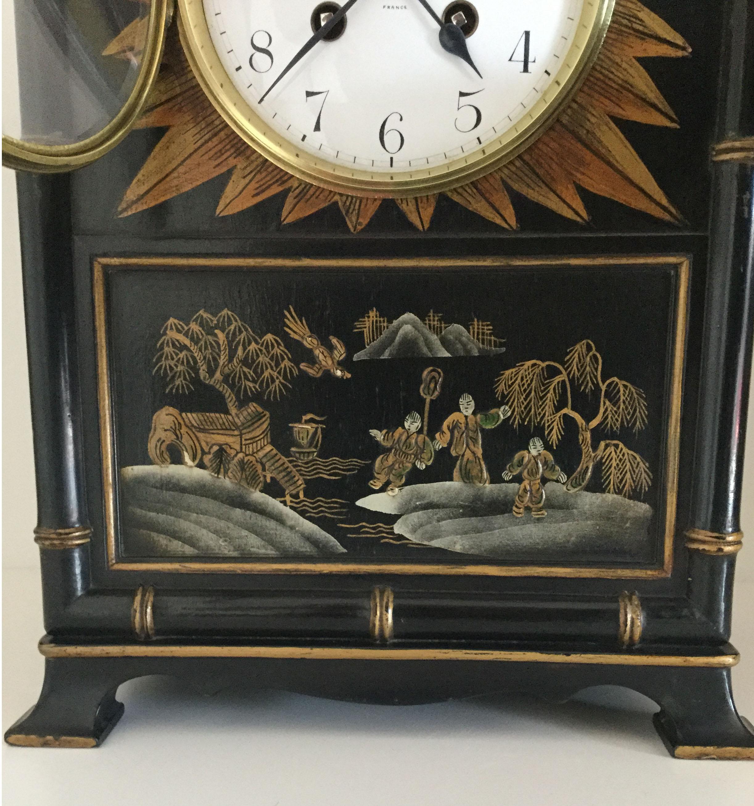 French Tiffany Black Chinoiserie Pagoda Mantel Clock, circa 1920