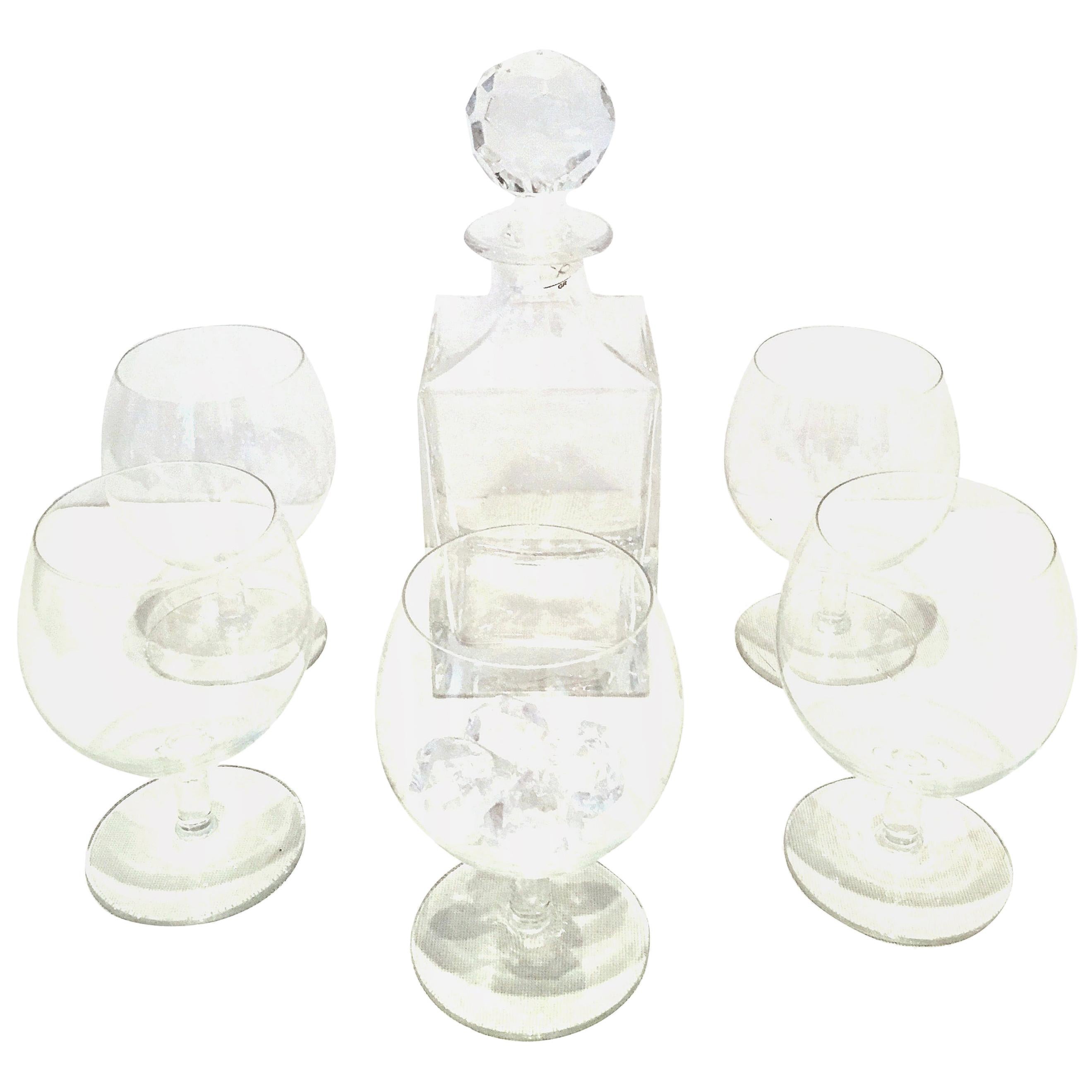20th Century Tiffany Cut Crystal Liquor Decanter & Stem Drink Glasses, Set of 6 For Sale