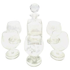 Vintage 20th Century Tiffany Cut Crystal Liquor Decanter & Stem Drink Glasses, Set of 6