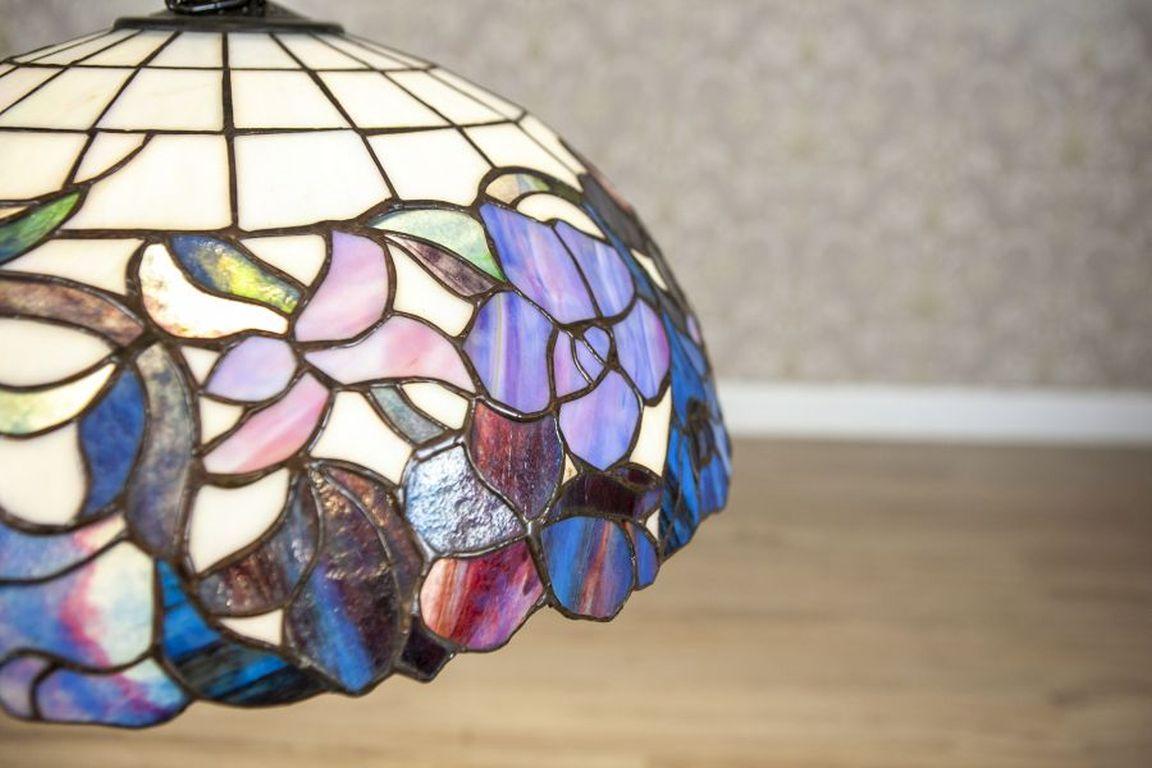 Art Glass 20th-Century Tiffany Style Hanging Lamp With Multicolored Shade For Sale