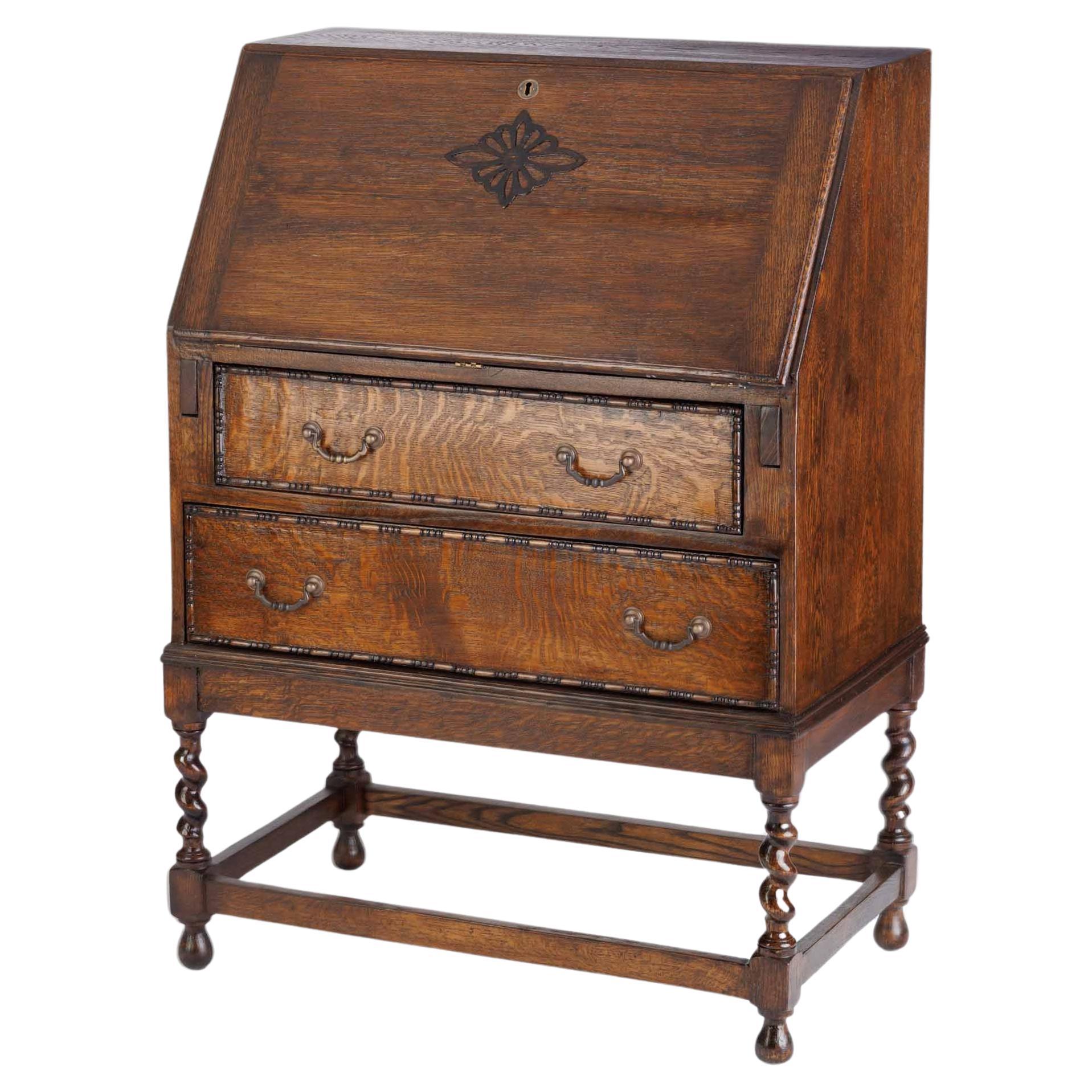 20th-Century Tiger Oak Fall-Front Secretary Desk on Barley Twist Legs