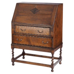 20th-Century Tiger Oak Fall-Front Secretary Desk on Barley Twist Legs