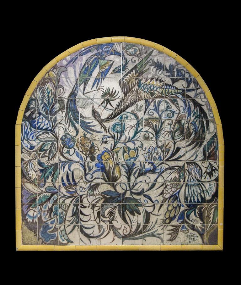 Portugiesische Azulejos-Wandgemälde aus der Mitte des Jahrhunderts von Jorge Barradas in Gelb und Blau (Keramik) im Angebot
