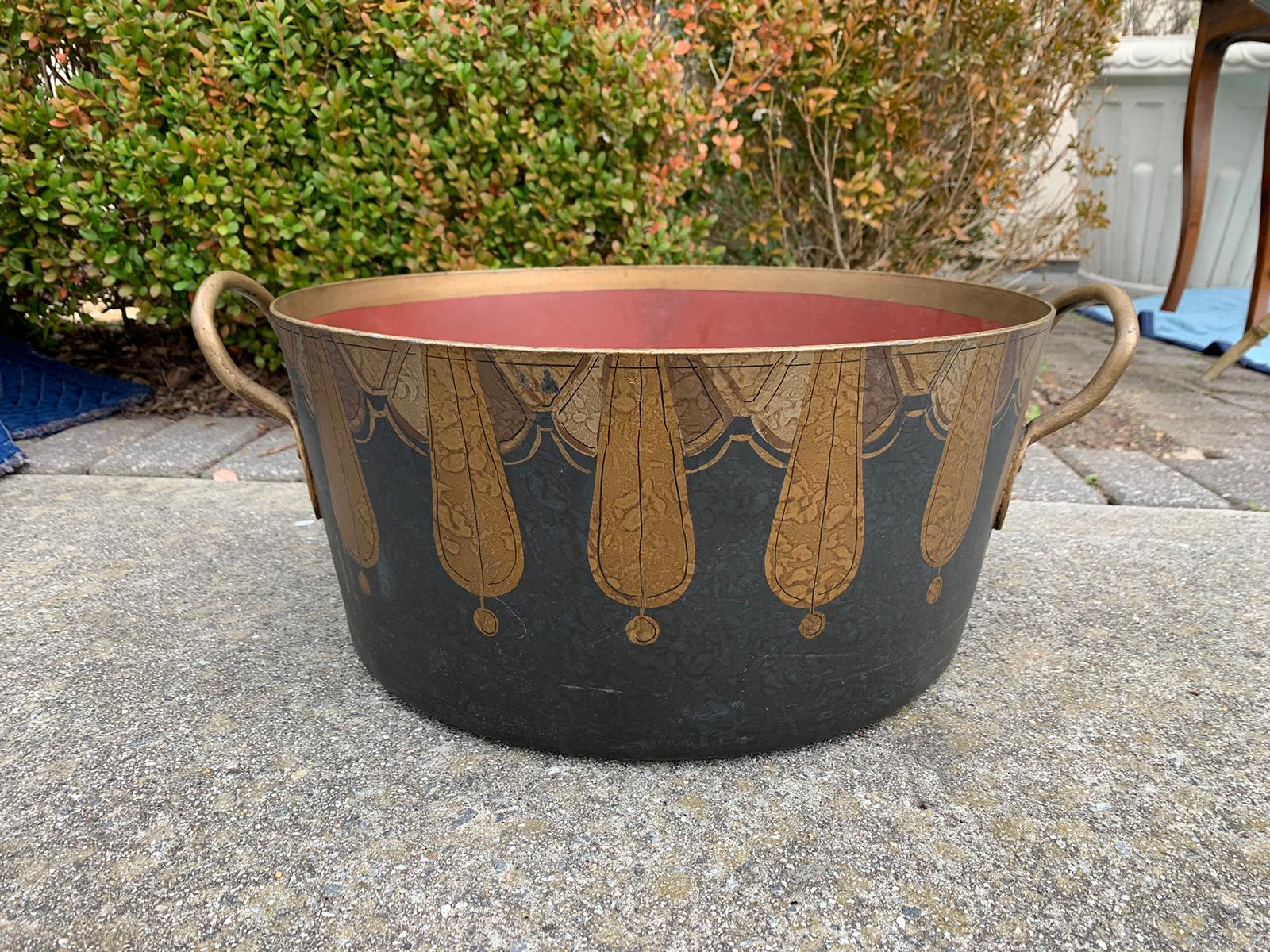 20th century tole gilt decorated container with handles, signed EDE.