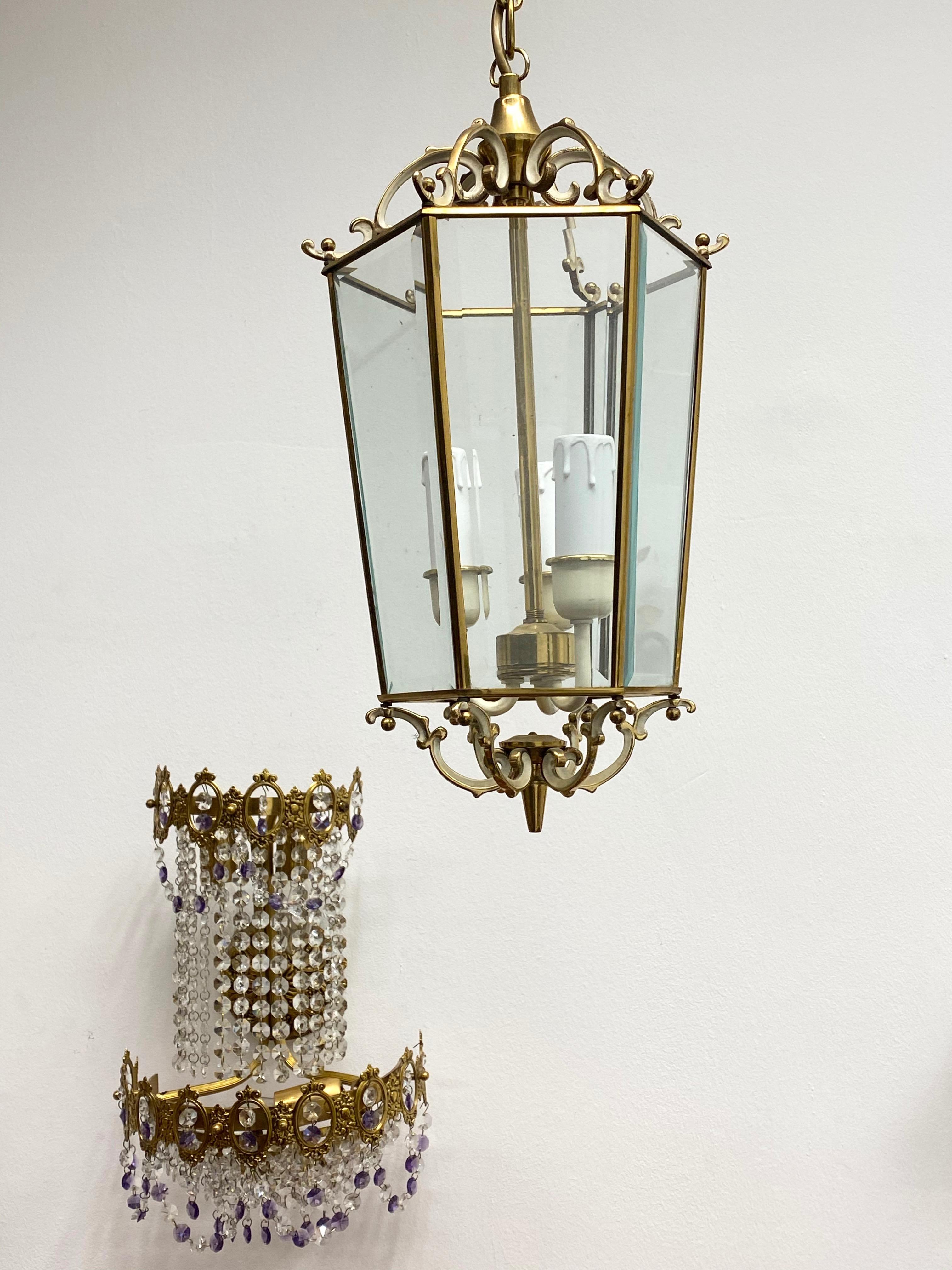Glass 20th Century Tole Style 3-Light Hanging Lantern Light, German, 1960s For Sale