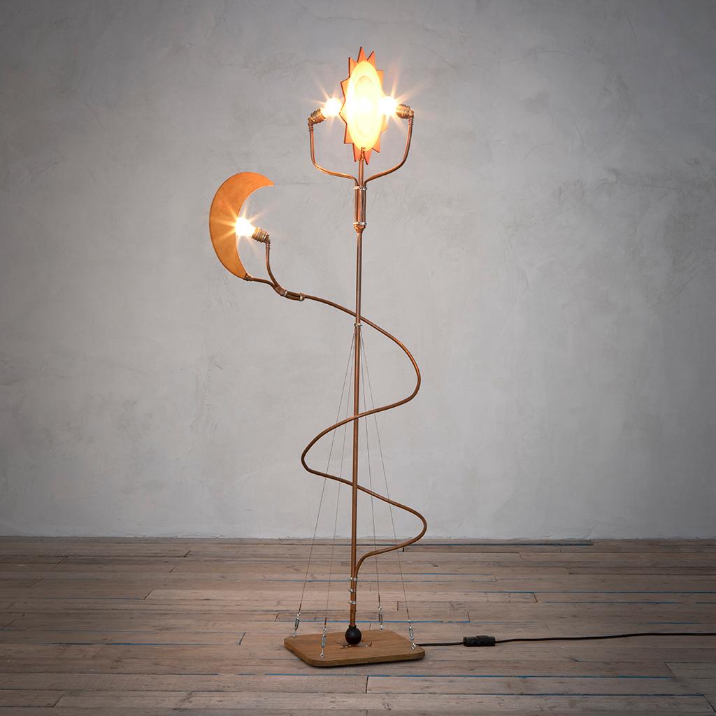 Modern 20th Century Toni Cordero 'attr.' Floor Lamp Sun and Moon in Brass and Wood For Sale