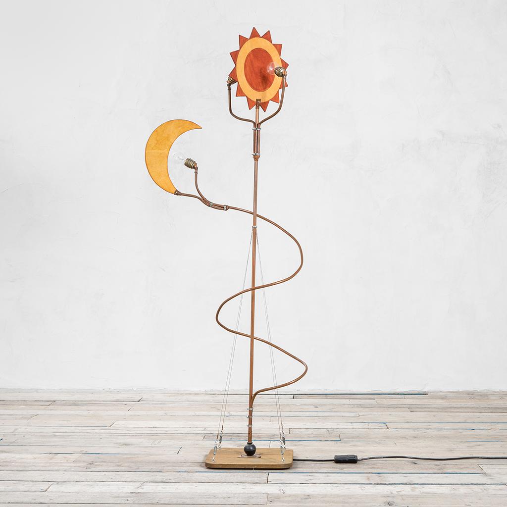 Italian 20th Century Toni Cordero 'attr.' Floor Lamp Sun and Moon in Brass and Wood For Sale