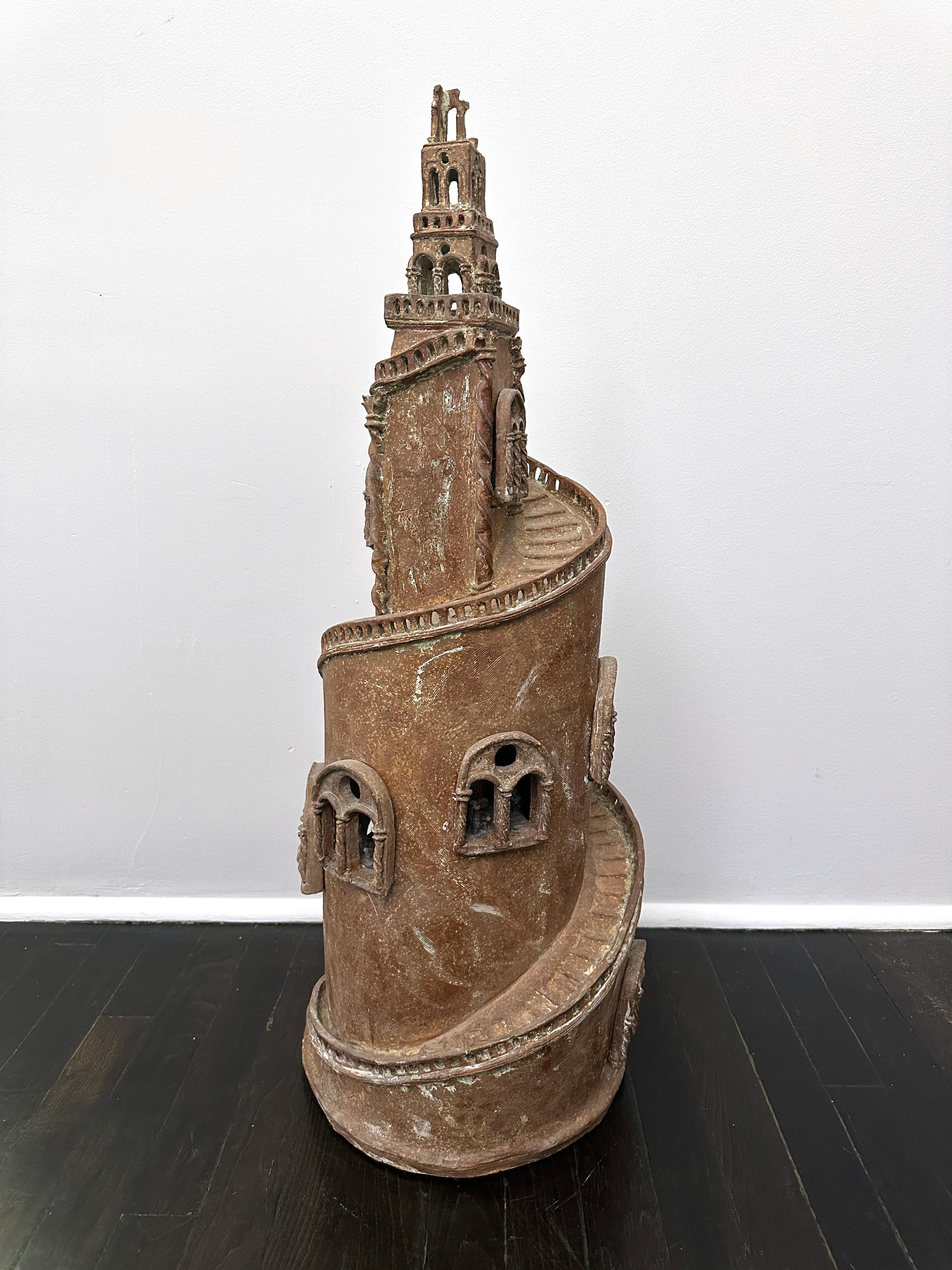 20th century carved clay sculpture of the Tower of Babel. Hand-built coiled tower with window openings revealing figures within. Unique and very detailed sculpture. 

Property from esteemed interior designer Juan Montoya. Juan Montoya is one of the