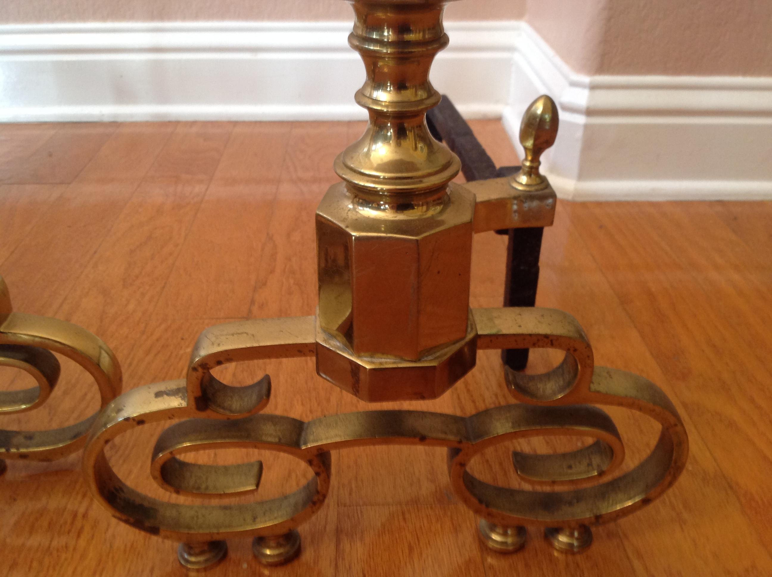 20th Century Traditional Brass Fireplace Andirons -- A Pair For Sale 5