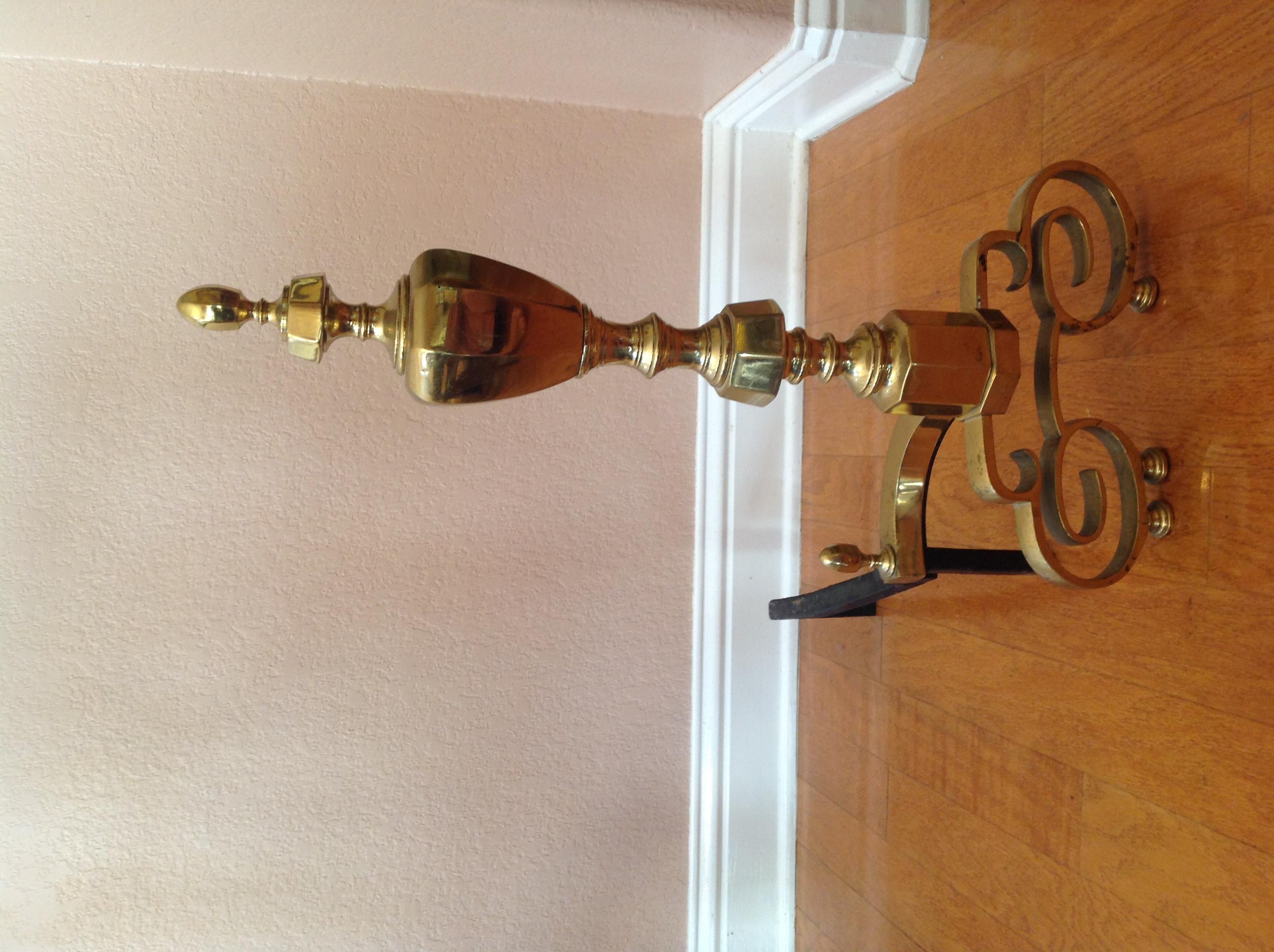 American 20th Century Traditional Brass Fireplace Andirons -- A Pair For Sale