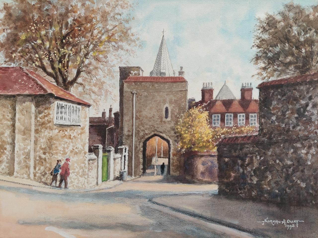Pintura tradicional inglesa del siglo XX Puerta del Priorato de la Catedral de Rochester, Kent Inglés en venta