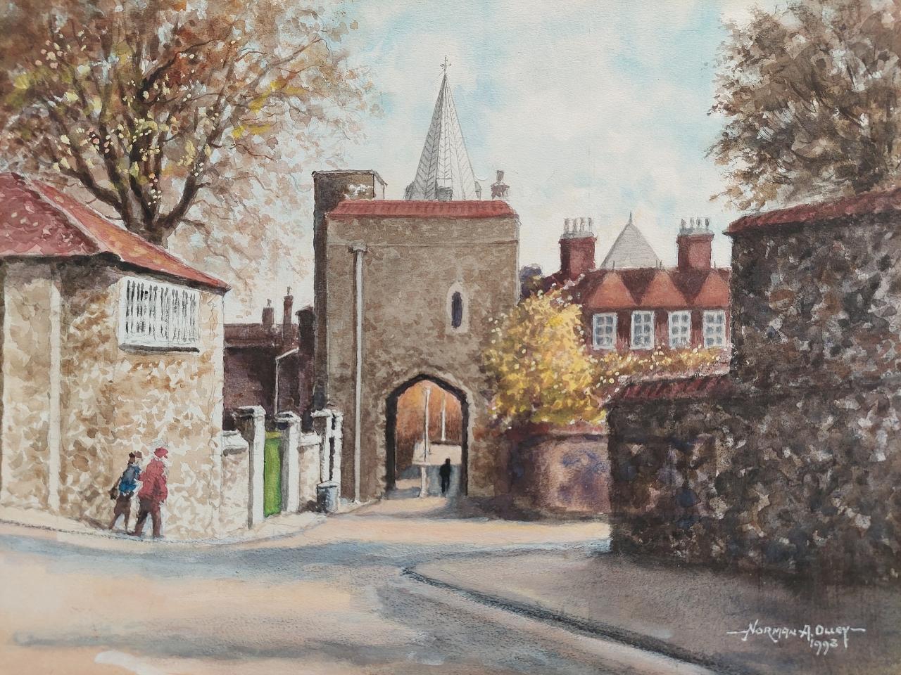 Pintura tradicional inglesa del siglo XX Puerta del Priorato de la Catedral de Rochester, Kent en Bueno estado para la venta en Cirencester, GB