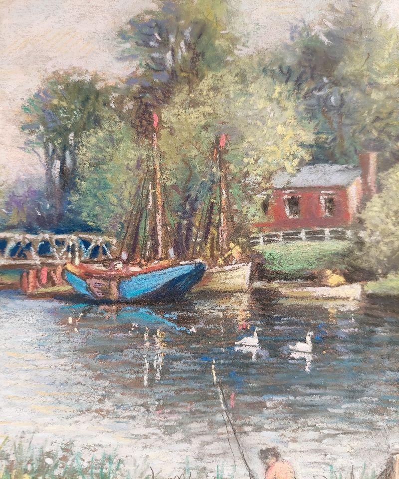 20th Century Traditional English Pastel Summer Evening by the Thames For Sale 6