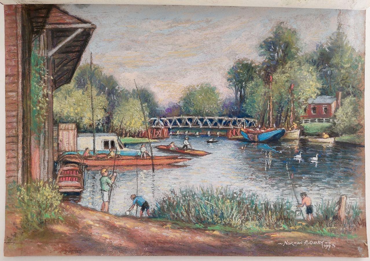 20th Century Traditional English Pastel Summer Evening by the Thames For Sale 8