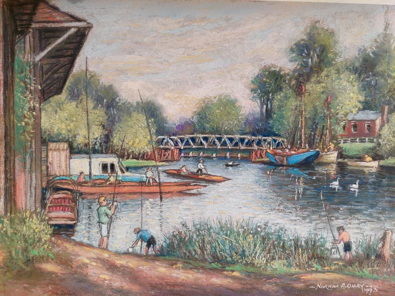 20th Century Traditional English Pastel Summer Evening by the Thames In Good Condition For Sale In Cirencester, GB
