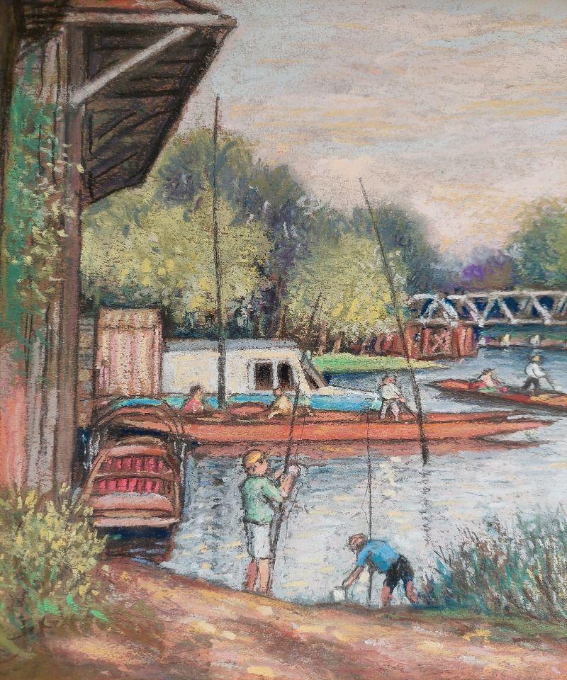 20th Century Traditional English Pastel Summer Evening by the Thames For Sale 2