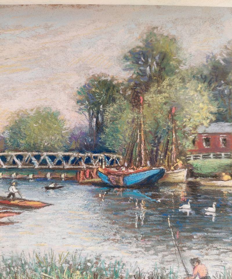 20th Century Traditional English Pastel Summer Evening by the Thames For Sale 5