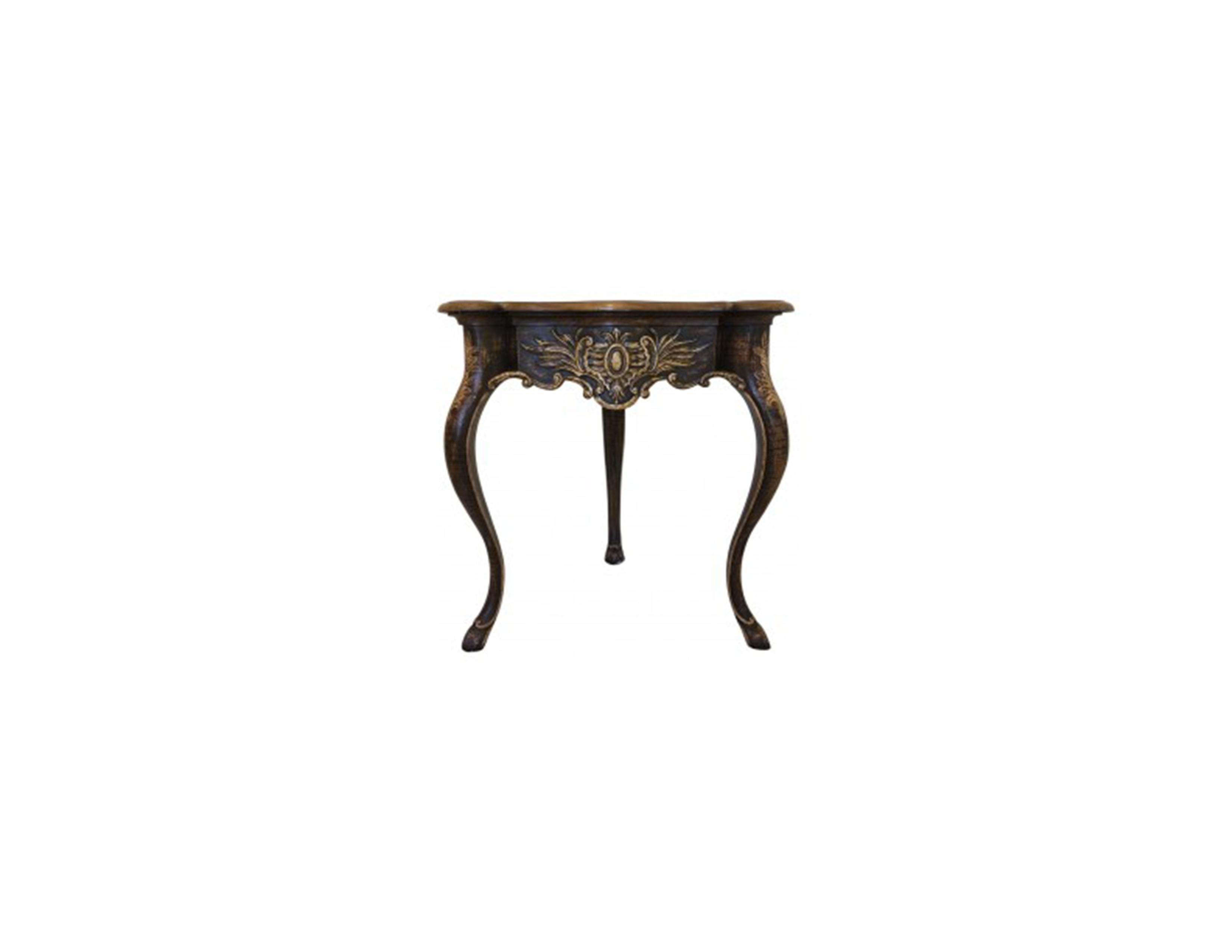 Two highly carved, Baroque style rectangular corner tables with cabriole legs. Apron with a carved cartouche and foliate detail. Finished with a slightly rubbed treatment on the legs for added appearance of age.