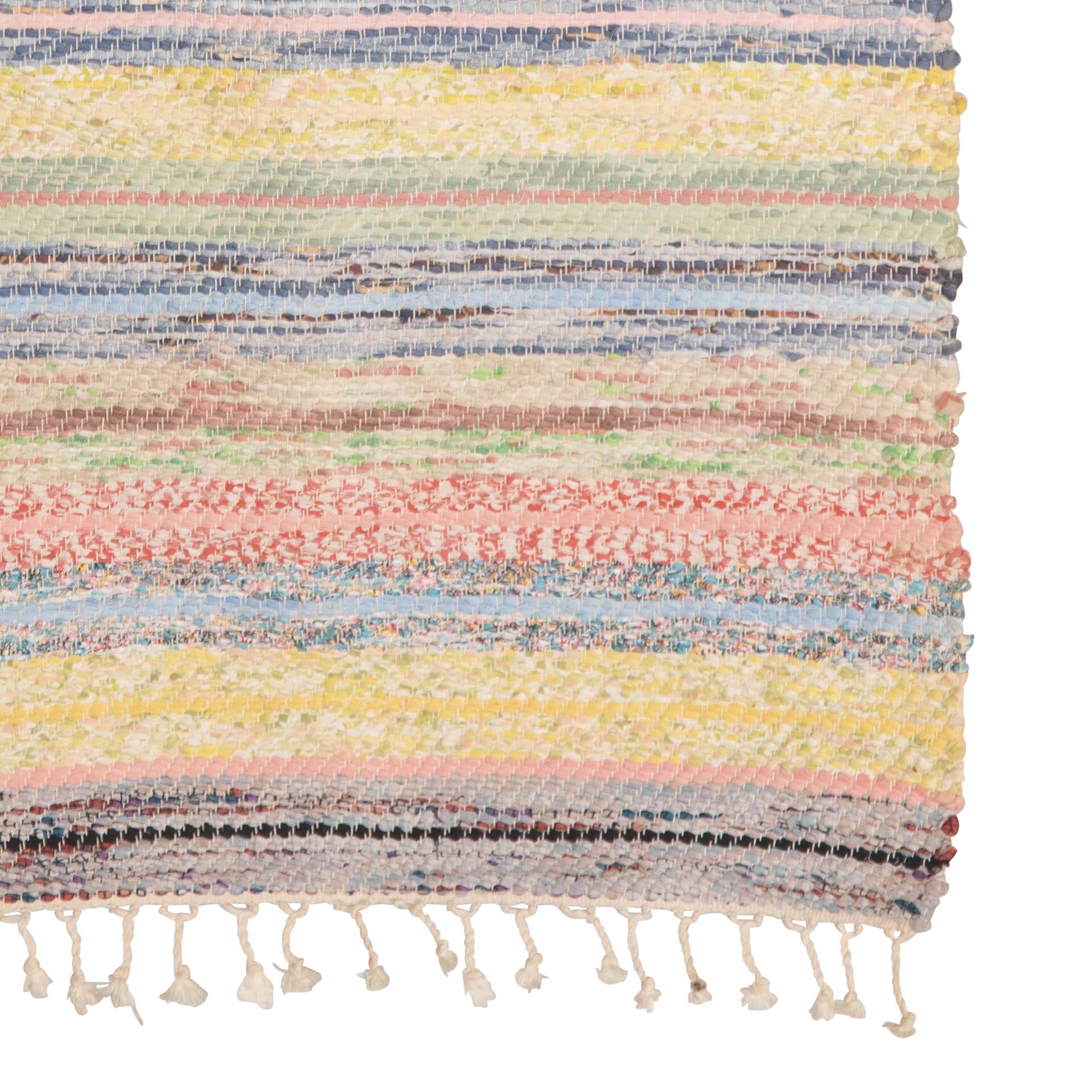 Traditional 20th Century Swedish rug in pink, blue and yellow stripe. 
Circa 1950. 