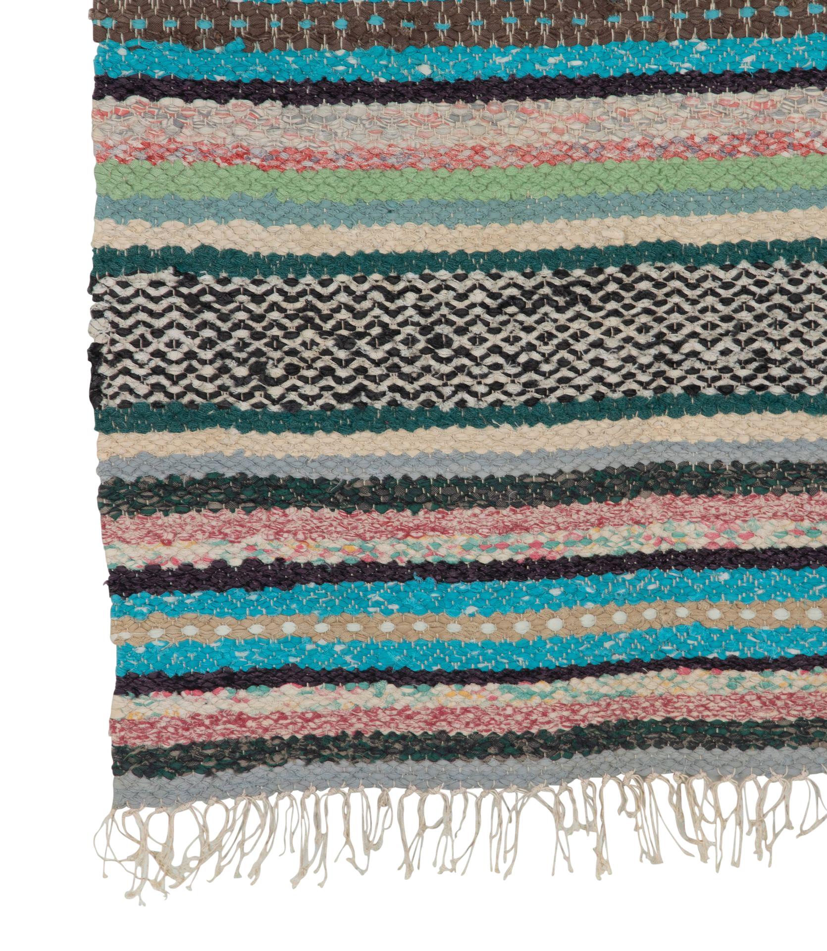 Vintage Swedish multicoloured, blue, black, red striped cotton rug.     Circa 1950.    Bag 11 / Rug 105