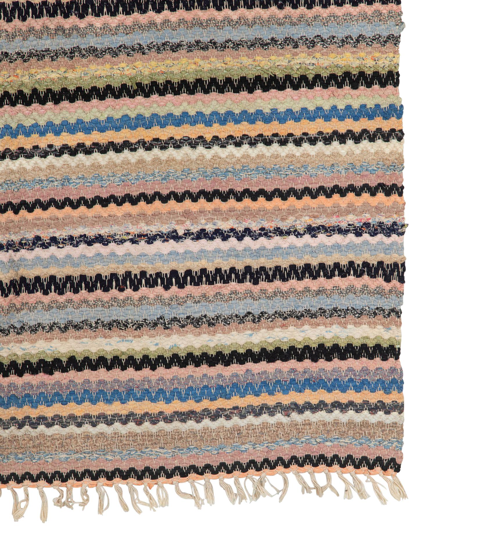 Vintage Swedish Aztec multicoloured striped cotton rug.    Circa 1950.      Bag 12 Rug 120