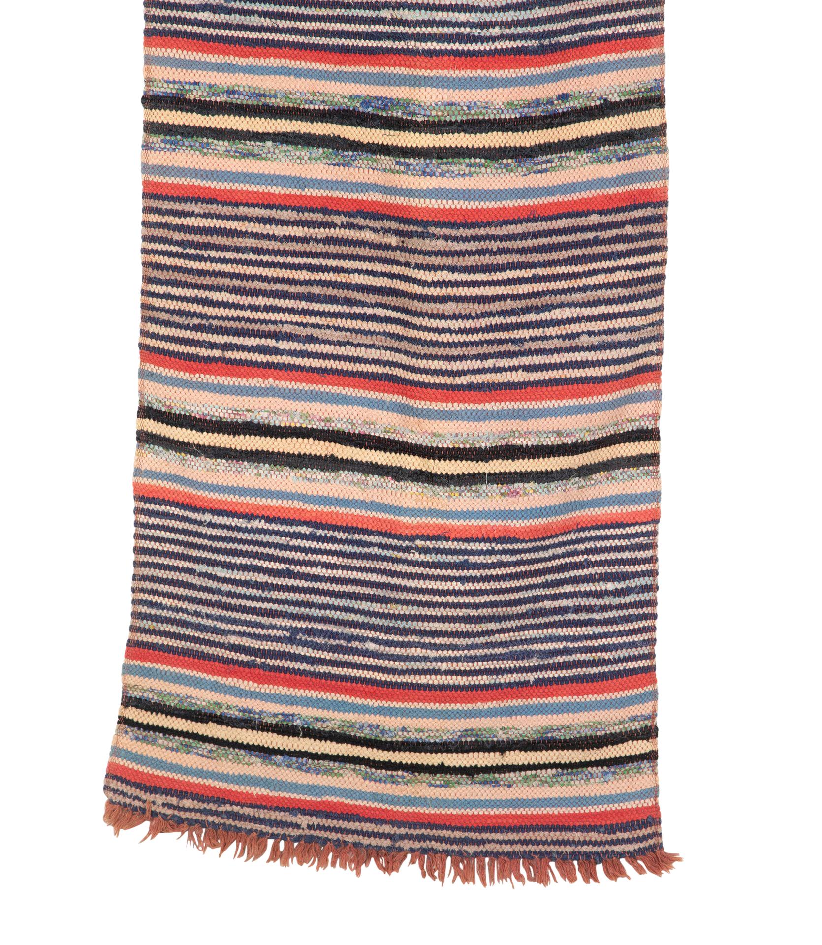 Tappeto svedese d'epoca del XX secolo in cotone a strisce multicolori.    Circa 1950.    Borsa 14 / Tappeto 131