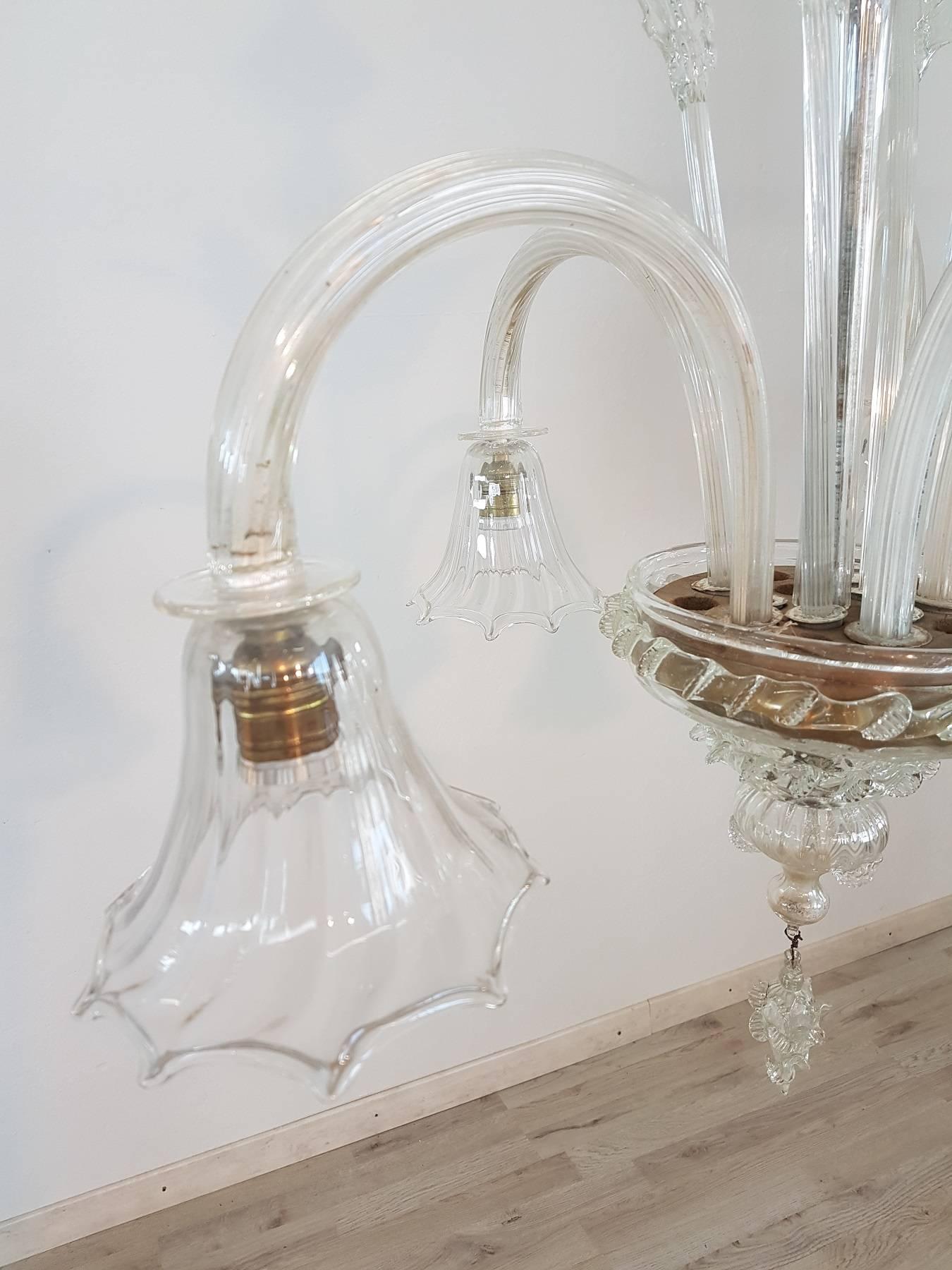 20th Century Transparent Murano Glass Italian Chandelier In Excellent Condition In Casale Monferrato, IT