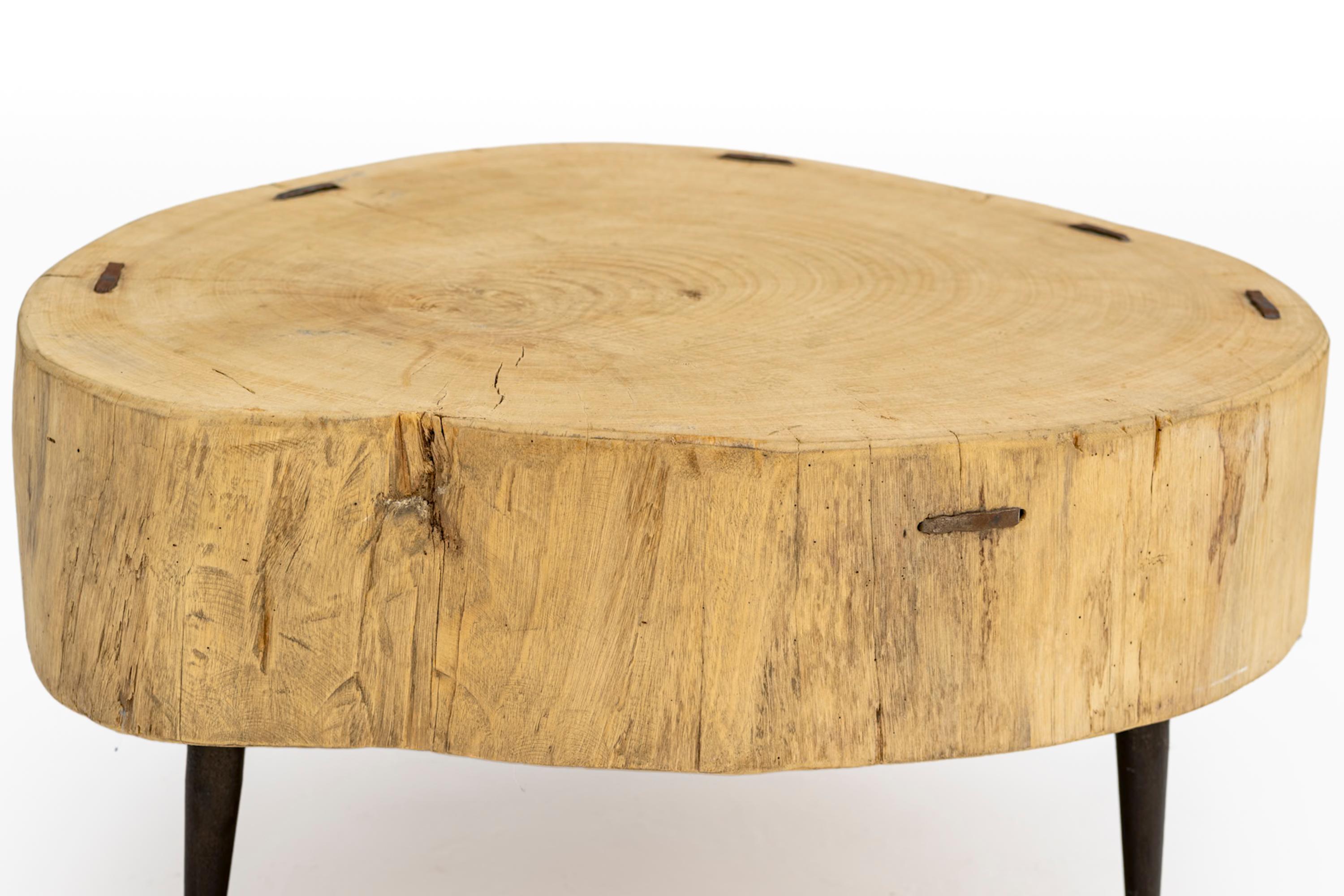 Table basse ou d'appoint en tronc d'arbre du 20e siècle avec pieds en fer forgé à la main en vente 6
