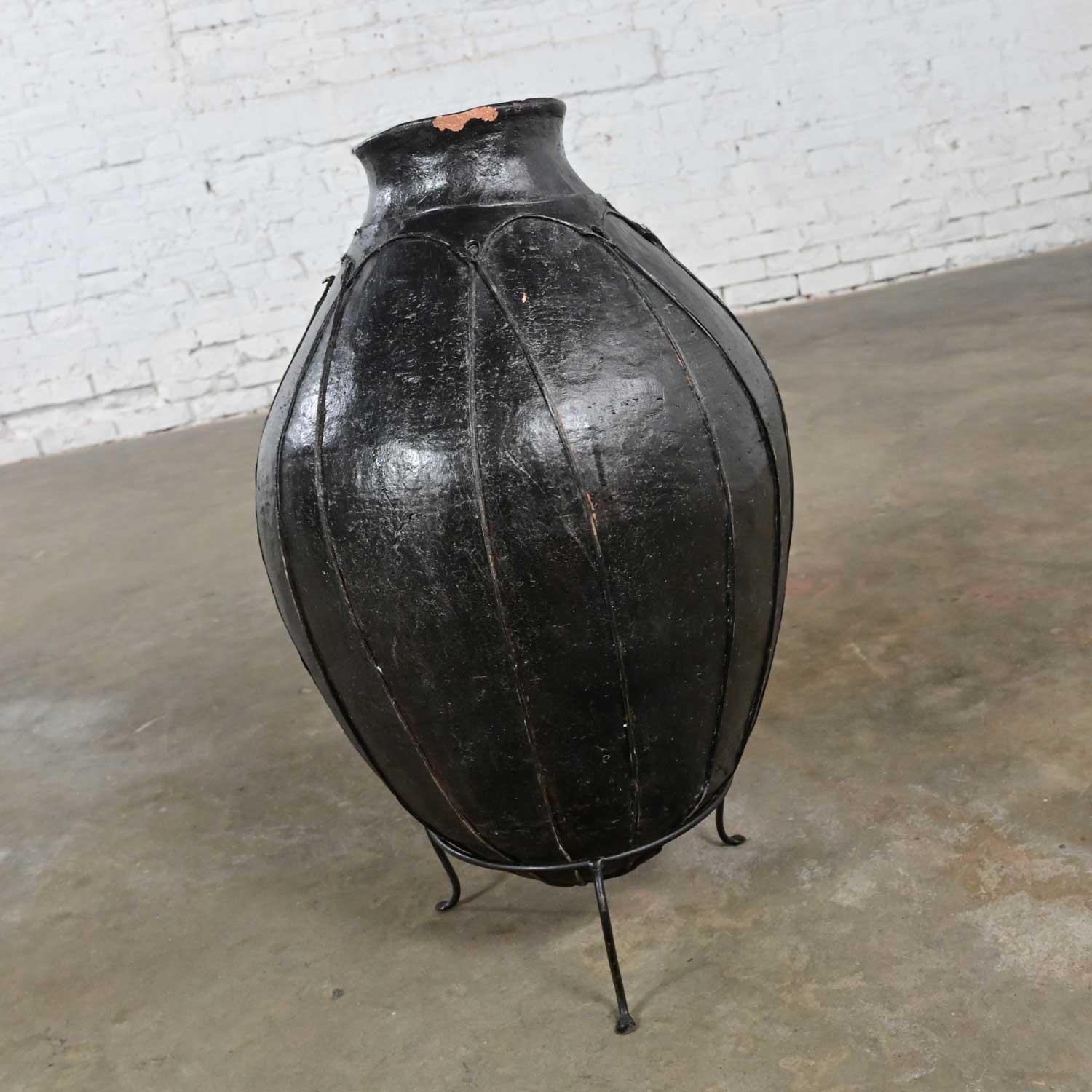20th Century Tribal Large Scale Clay Fermenting Pot or Water Jug Black on Stand 4
