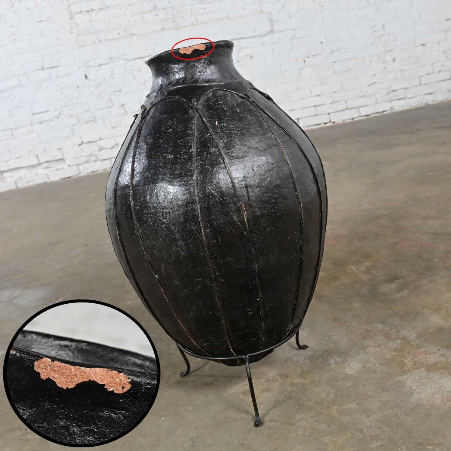 20th Century Tribal Large Scale Clay Fermenting Pot or Water Jug Black on Stand 11